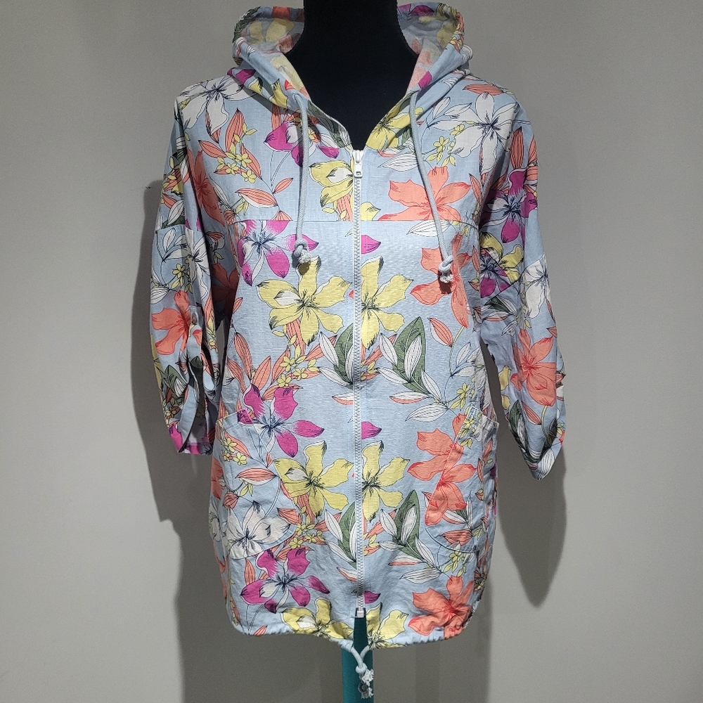 Orange Fashion Village Women's Isabella Cotton Linen Floral Hoodie Jacket S/M